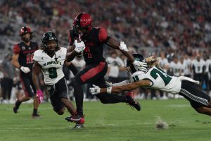 Aztec wide receiver Louis Brown IV gives the Aztecs the lead with a touchdown against the Hawaii Rainbow Warriors at Snapdragon Stadium on Saturday October 5, 2024