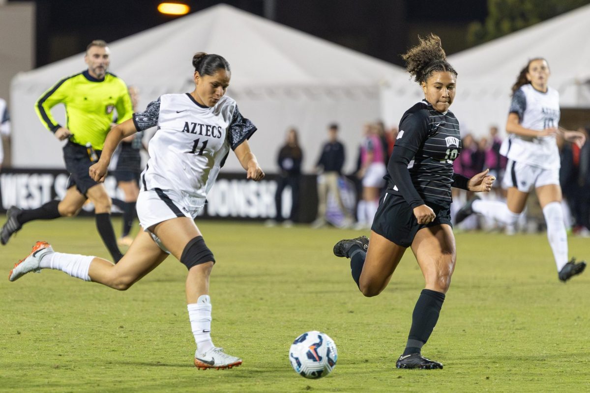 San Diego State midfielder Denise Castro races toward UNLV's goal during the Mountain West Championship Tournament on Sunday, Nov. 3 at the SDSU Sports Deck. Castro plays less than 44 minutes this game after picking up an injury on her right leg.