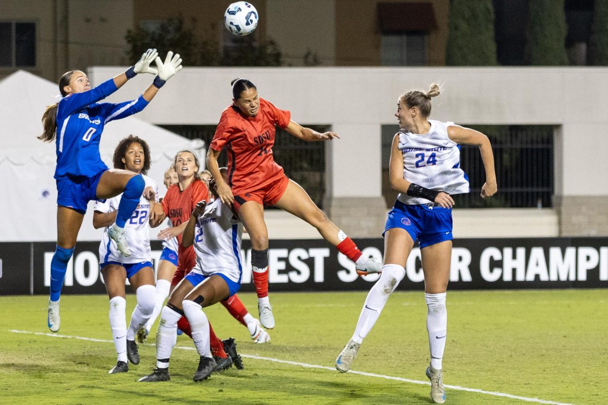 San Diego State midfielder Denise Castro tries to score with a header against Boise State in the Mountain West Championship semifinals on Wednesday, Nov. 6 at the SDSU Sports Deck.