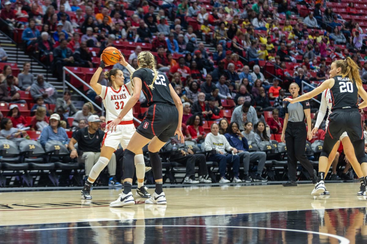 Forward Adryana Quezada looks to pass the ball as she's guarded by a Stanford defender in a game from last season at Viejas Arena. 