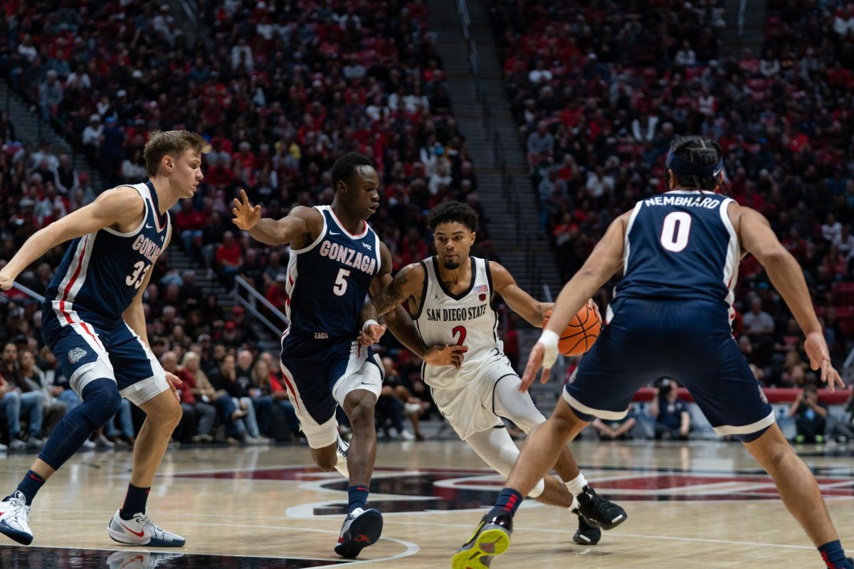 San Diego State senior Guard Nick Boyd drives up against the Gonzaga men’s basketball team leading to a 80-67 loss on Monday, Nov. 19 at Viejas Arena. 
