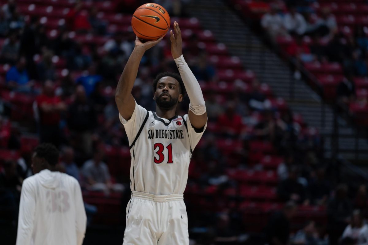 San Diego State forward Jared Coleman-Jones attempts a shot to the basket at Steve Fisher Court at Viejas Arena earlier this season. 