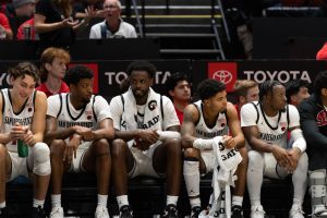 Several SDSU players chat on the bench during ending a 80-67 loss to Gonzaga on Monday, Nov. 19 at Viejas 