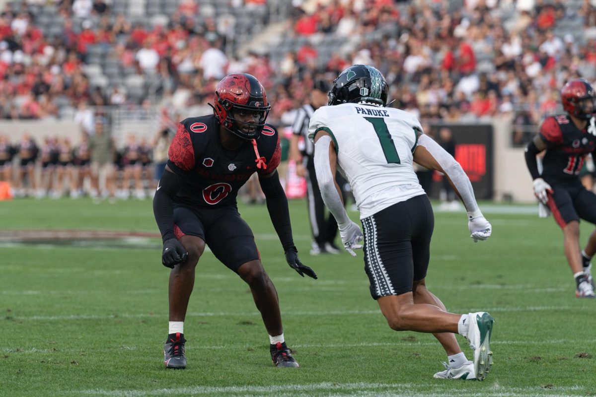 Cornerback Bryce Phillips guards Hawaii's Jonah Panoke at Snapdragon Stadium on Saturday, Oct. 5, 2024. 