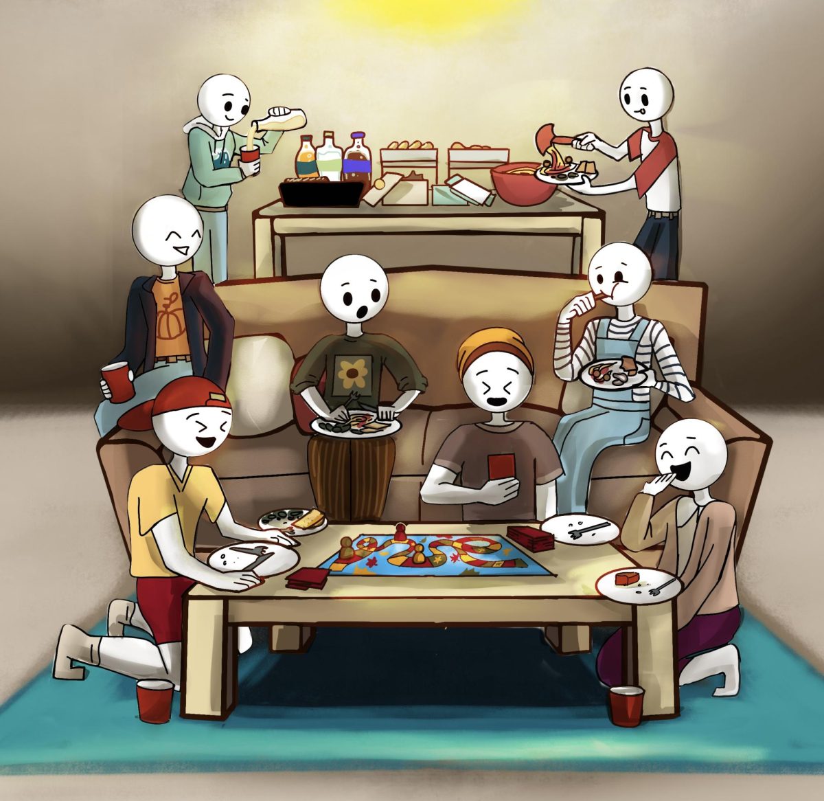 Graphic of friends gathered for Friendsgiving.