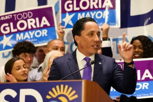 Todd Gloria speaking to his supporters on election night, Nov. 5., where he took an early lead. Photo courtesy of the San Diego Union Tribune