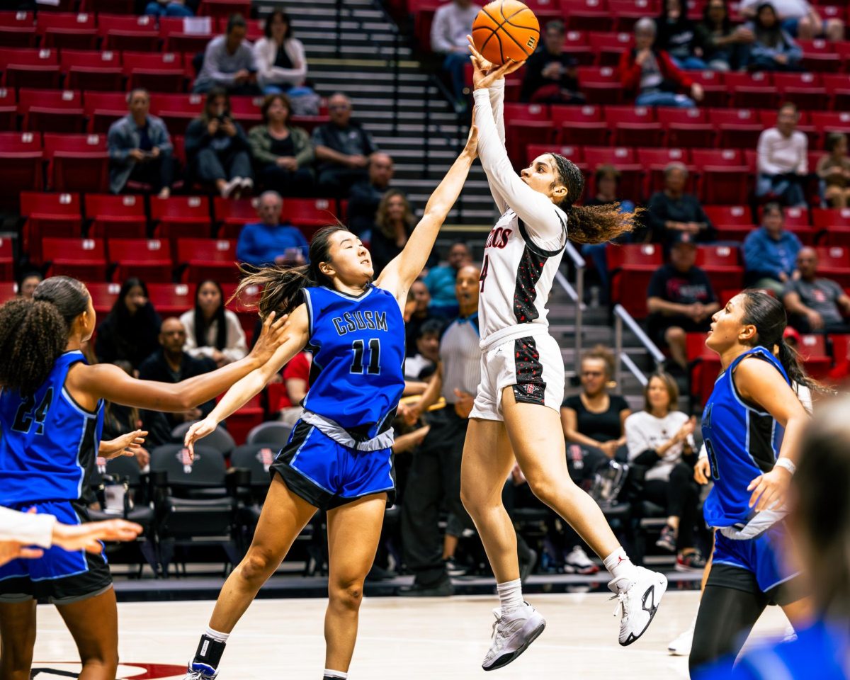 San Diego State guard Veronica Sheffey attempts to shoot a contested ball against a Cal State San Marcos defender on Monday, Nov. 4 at Viejas Arena. Sheffey had nine points in the 76-48 win over the Cougars. 