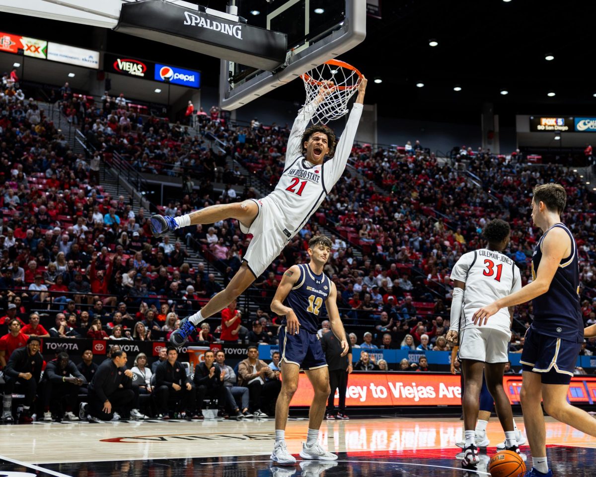 Guard Miles Byrd energizes the crowd with a dunk during the Aztecs win over UCSD Wednesday, Nov. 6 at Viejas Arena