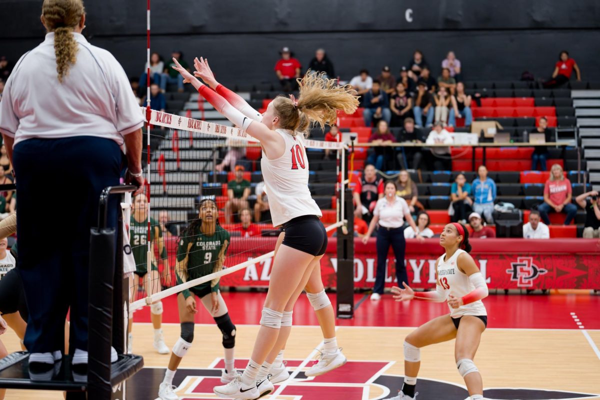 Outside Hitter Taylor Underwood helps her team with another huge block against the opposite hitter of Colorado State University at Aztec Court in Peterson Gym. 