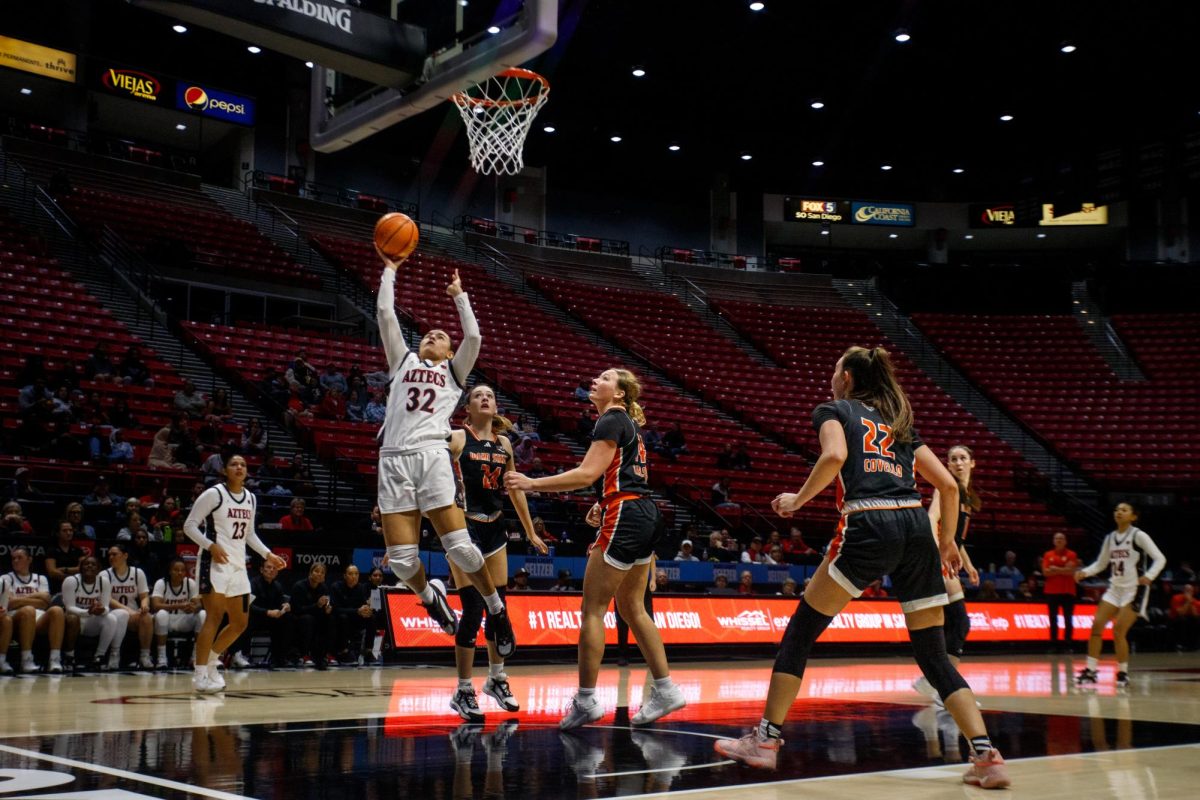 San Diego State Forward Adryana Quezada attempts a shot in the paint on Monday, Nov. 11 at Viejas Arena. Quezada was the Aztecs leading scorer with 13 points, in the 62-51 win against Idaho State.

