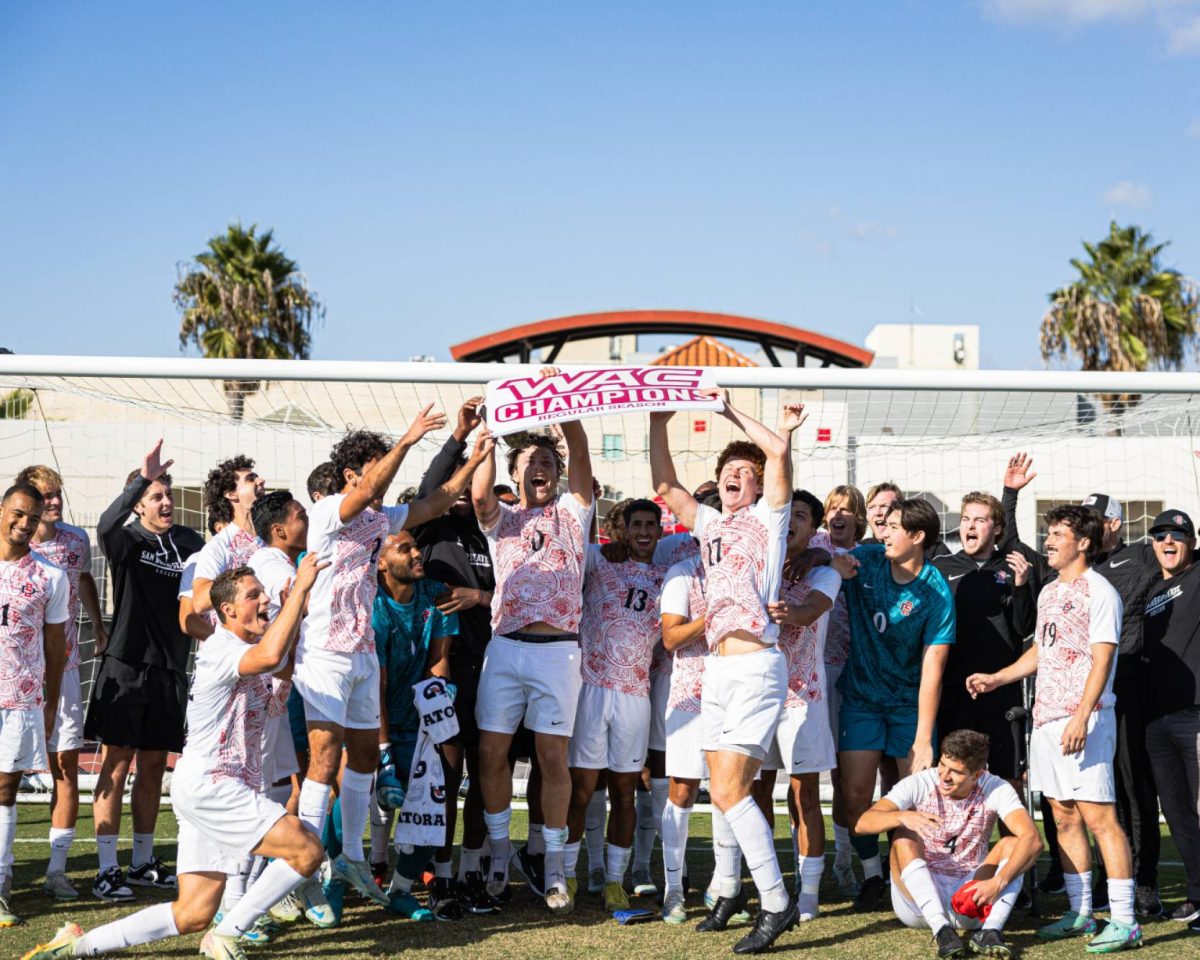 The San Diego men's soccer team celebrates after their 2-0 win over Air Force as they clinch the top seed in the Western Athletic Conference on Nov. 3 
at SDSU Sports Deck 