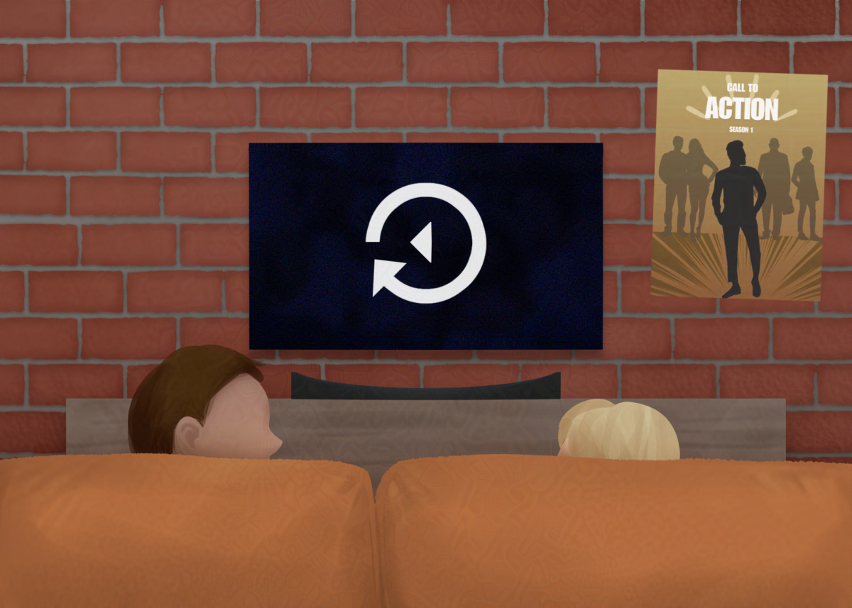 Graphic of two people watching television.