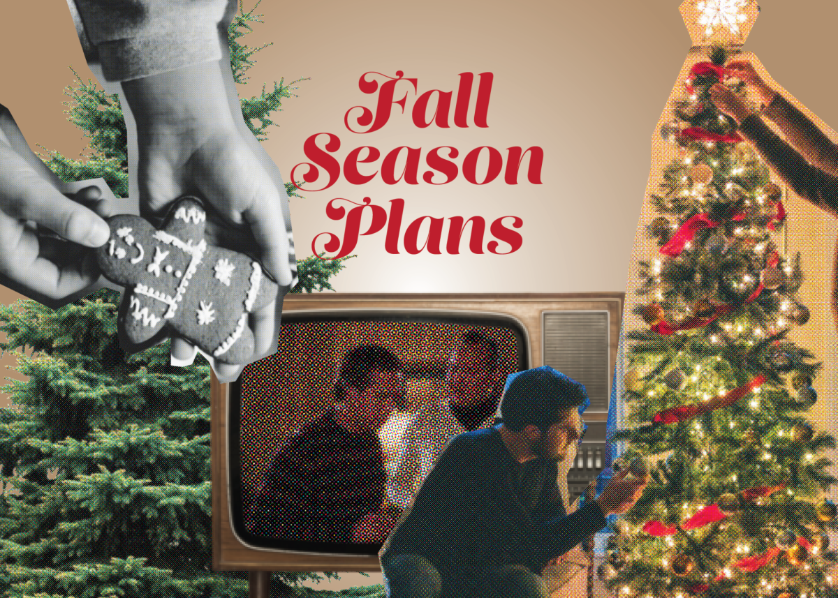 A collage of fall plans featuring hands decorating a gingerbread cookie, a Christmas tree being decorated and a vintage-style TV playing a classic fall movie. 