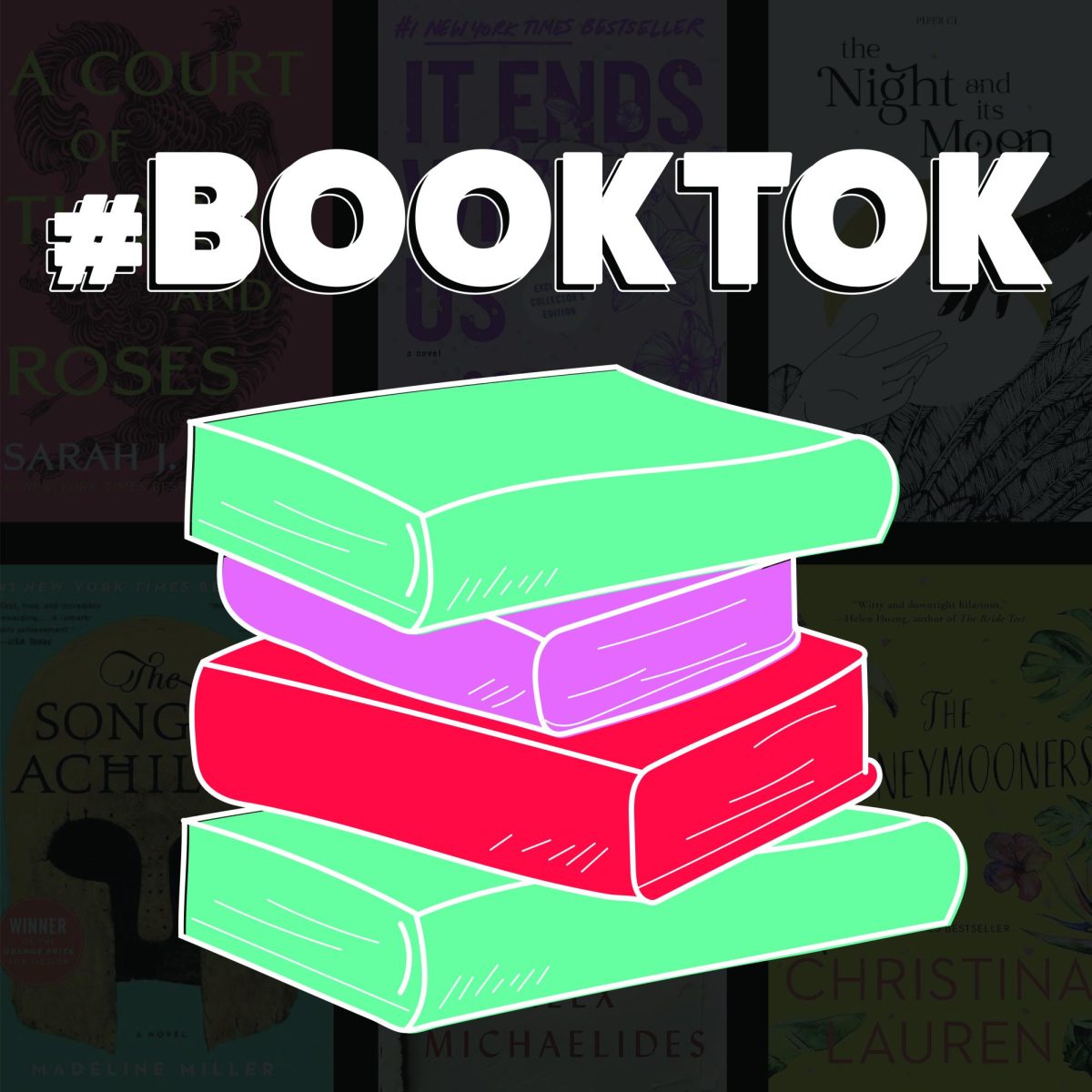 #BookTok graphic featuring books that gained popularity on TikTok as the background.