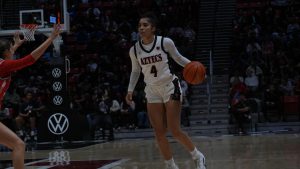 San Diego State junior guard Veronica Sheffey prepares a play against Bethesda leading to a 107-36 win on Friday, Dec. 6 at Viejas Arena. 
