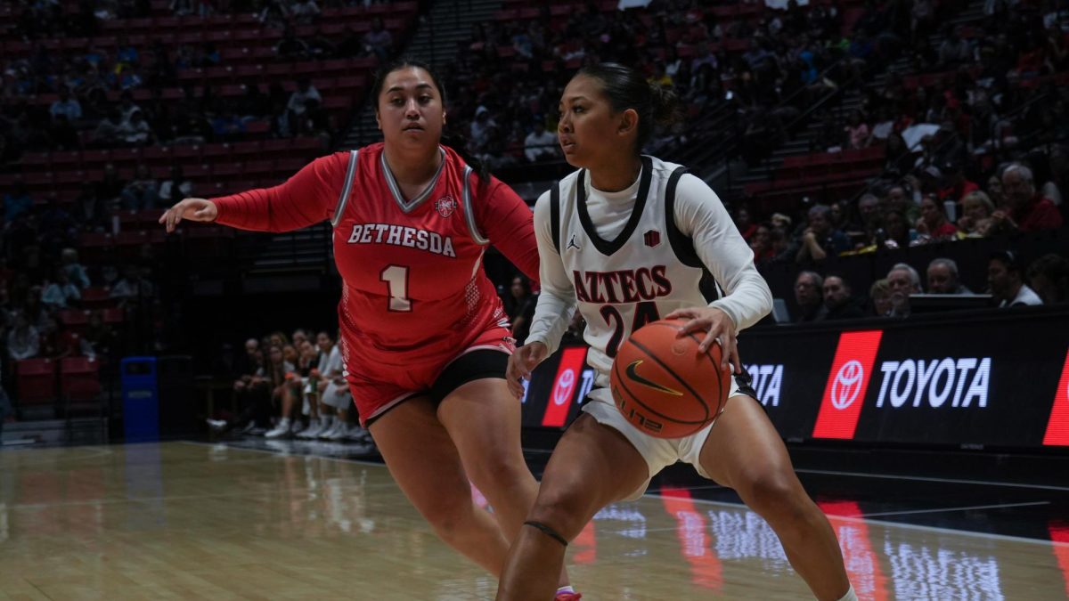 San Diego State freshman guard Naomi Panganiban goes up against Bethesda guard Serina Quezada in a 107-36 win on Friday, Dec. 6 at Viejas Arena. 