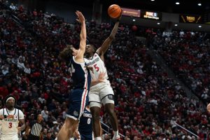 San Diego State freshmen forward  Pharaoh Compton goes for some points against Gonzaga forward Braden Huff ending in a 80-67 loss on Monday, Nov. 19 at Viejas Arena. 