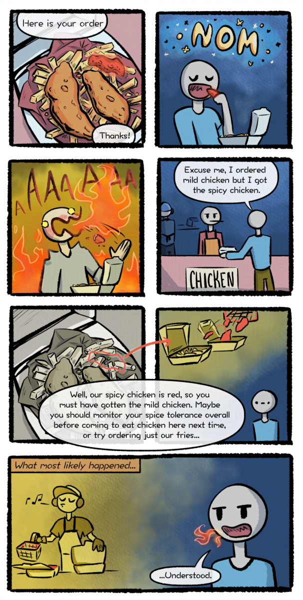 A seven paneled comic about a accidental spicy chicken incident.