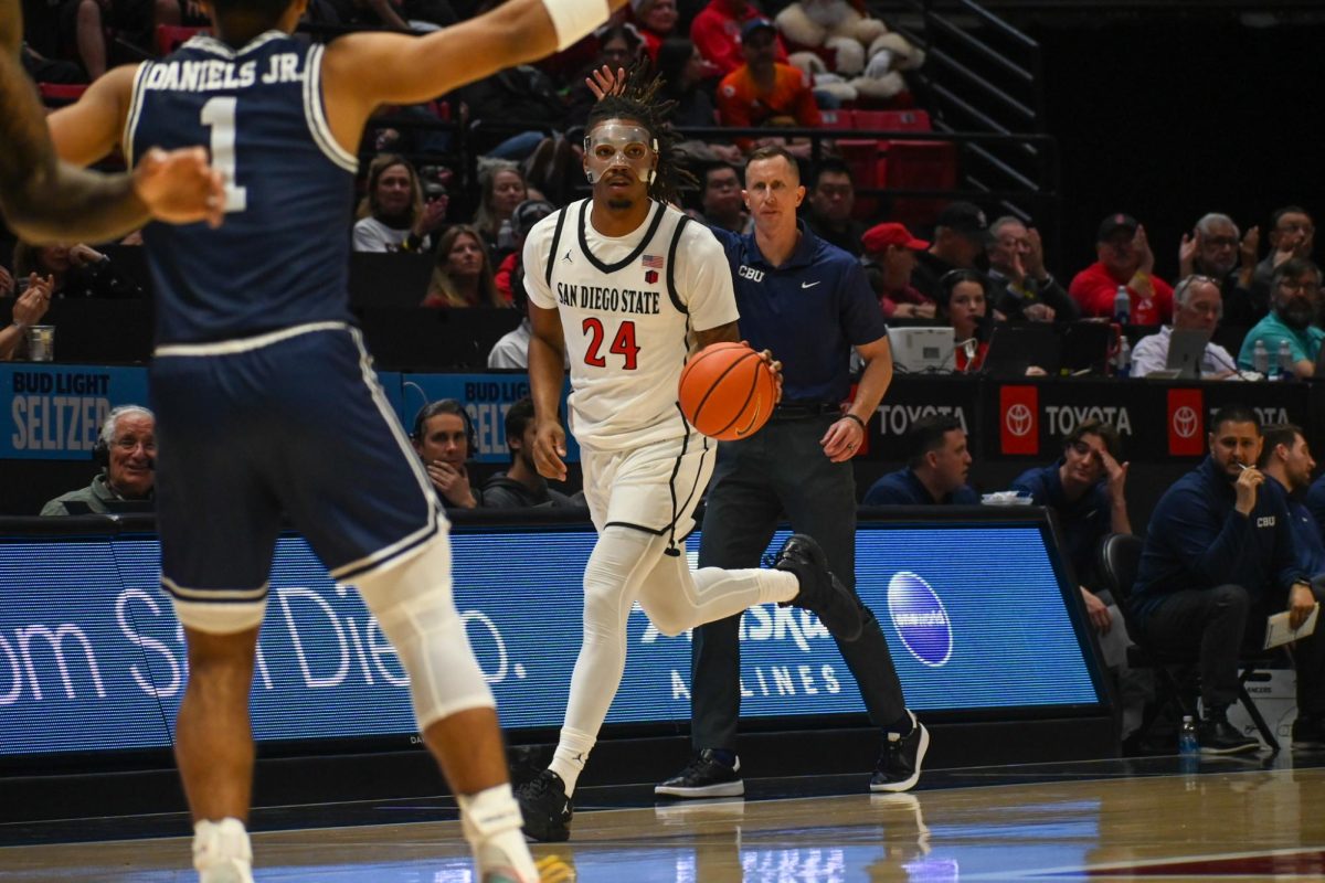 Freshman guard Taj DeGourville dribbles down the court in the game against California Baptist University on December 12, 2024.