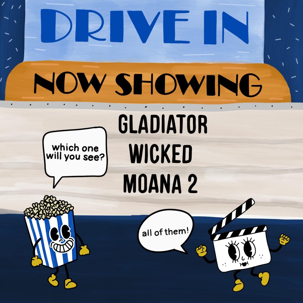 A commentary of the new films available to watch as of winter 2024. A popcorn says "Which one will you see" referring to Gladiator, Wicked, and Moana 2. A clapboard responds by saying, "All of them".