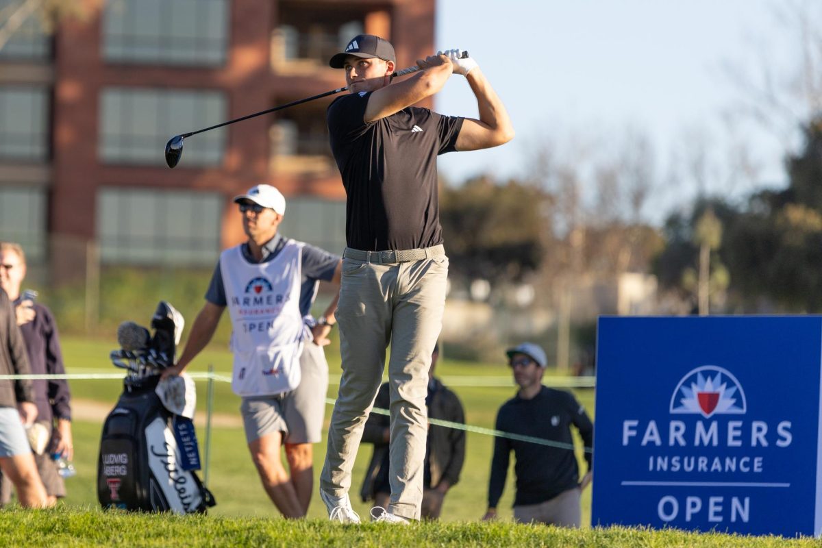 Ludvig Åberg tees off at the Farmer's Insurance Open in San Diego's Torrey Pines Golf Course on Thursday, Jan. 23, 2025, and leads the pack with a 63. However, he would end the tour at the 42nd spot.