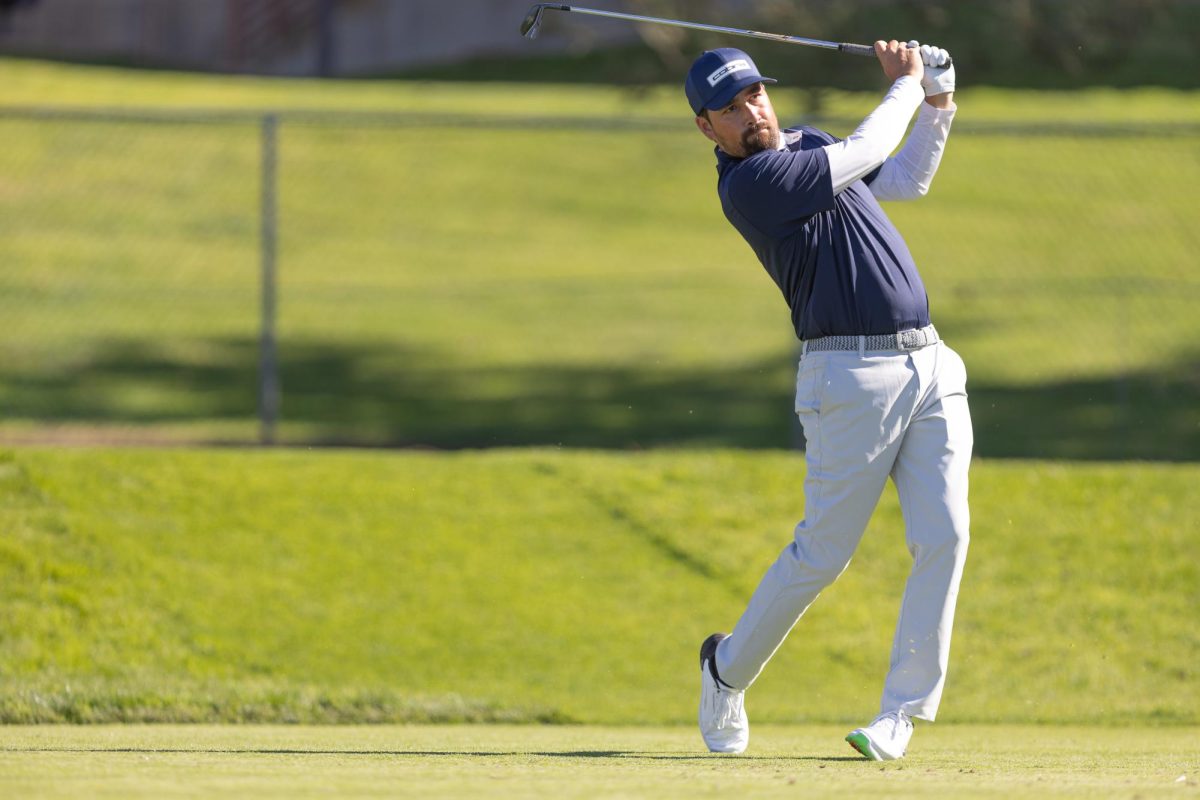 San Diego local Cavin McCall tees off during the Farmer's Insurance Open at the Torrey Pines Golf Course in San Diego on Thursday, Jan. 23, 2025. He missed the cut after the second round. 