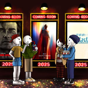 A graphic of a people standing in front of upcoming 2025 films at a movie theater by Arielle Maliwat.