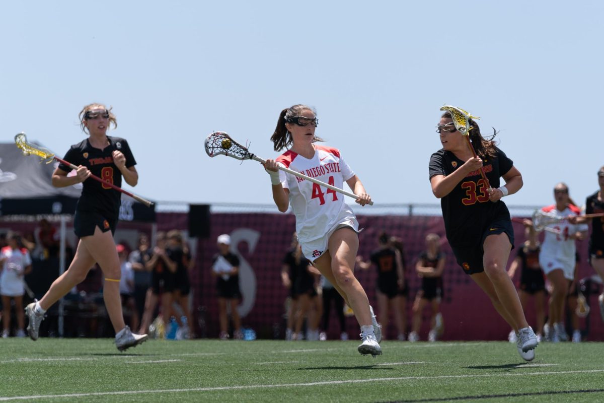 San Diego State defender Reilly Hunter looks to evade defenders in a game against USC last season April 27, 2024. 