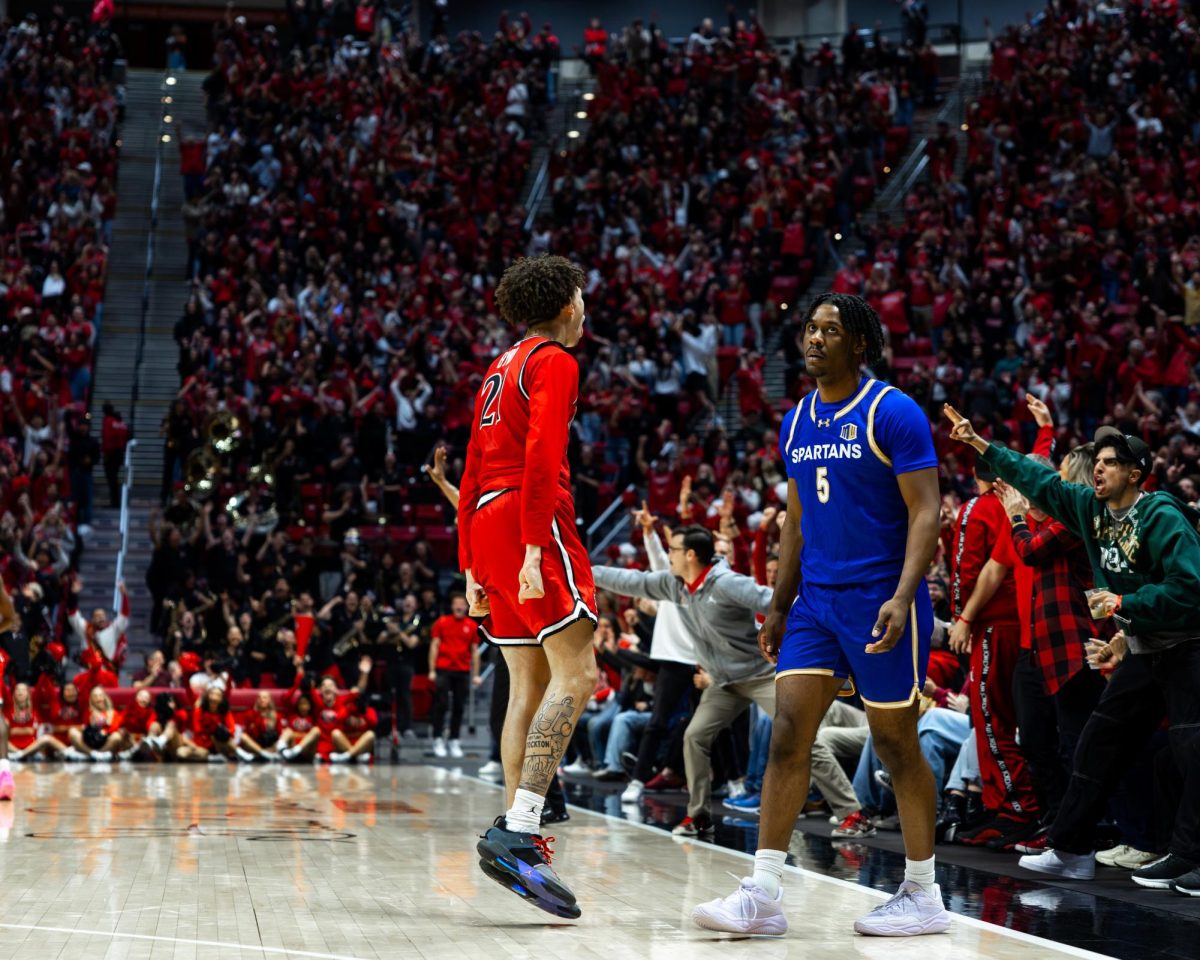 Guard Miles Byrd energizes the crowd during SDSUs win over SJSU on Tuesday, Jan. 28 in Viejas Arena