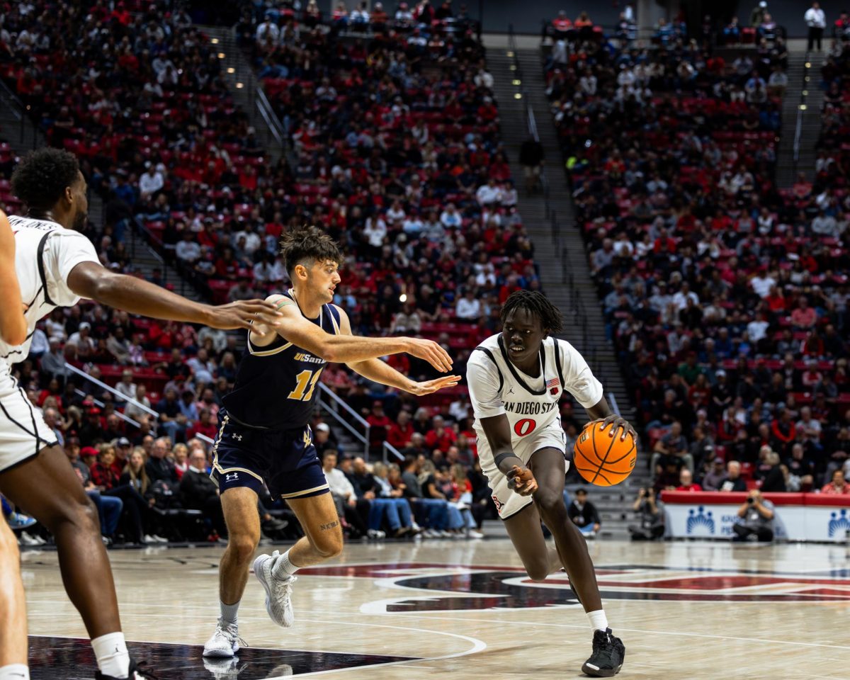 Forward Magoon Gwath breaks down a defender during SDSUs home opener against UCSD on Nov. 6, 2024 in Viejas Arena