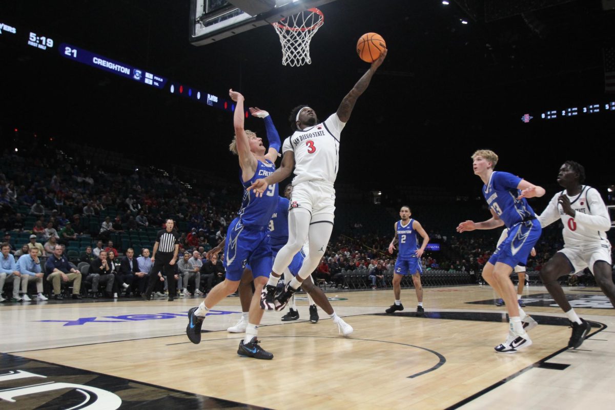 San Diego State guard Wayne McKinney III   attempts to score in the paint earlier this season versus Creighton University at MGM Grand Garden Arena.