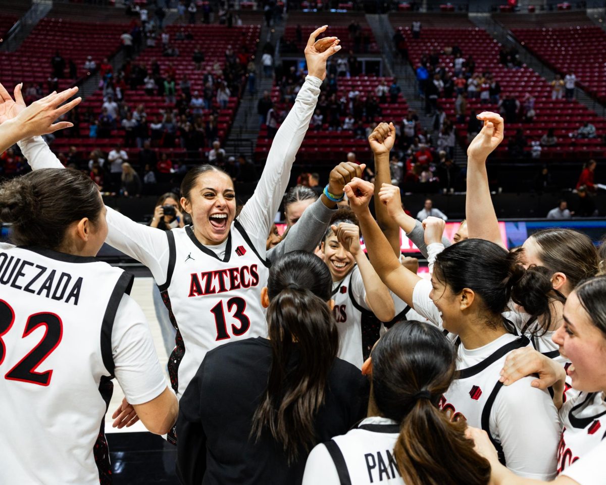 The Aztec Women's Basketball team celebrates after beating #1 in Mountain West conference UNLV on January 25th, 2025 at Viejas Arena.
