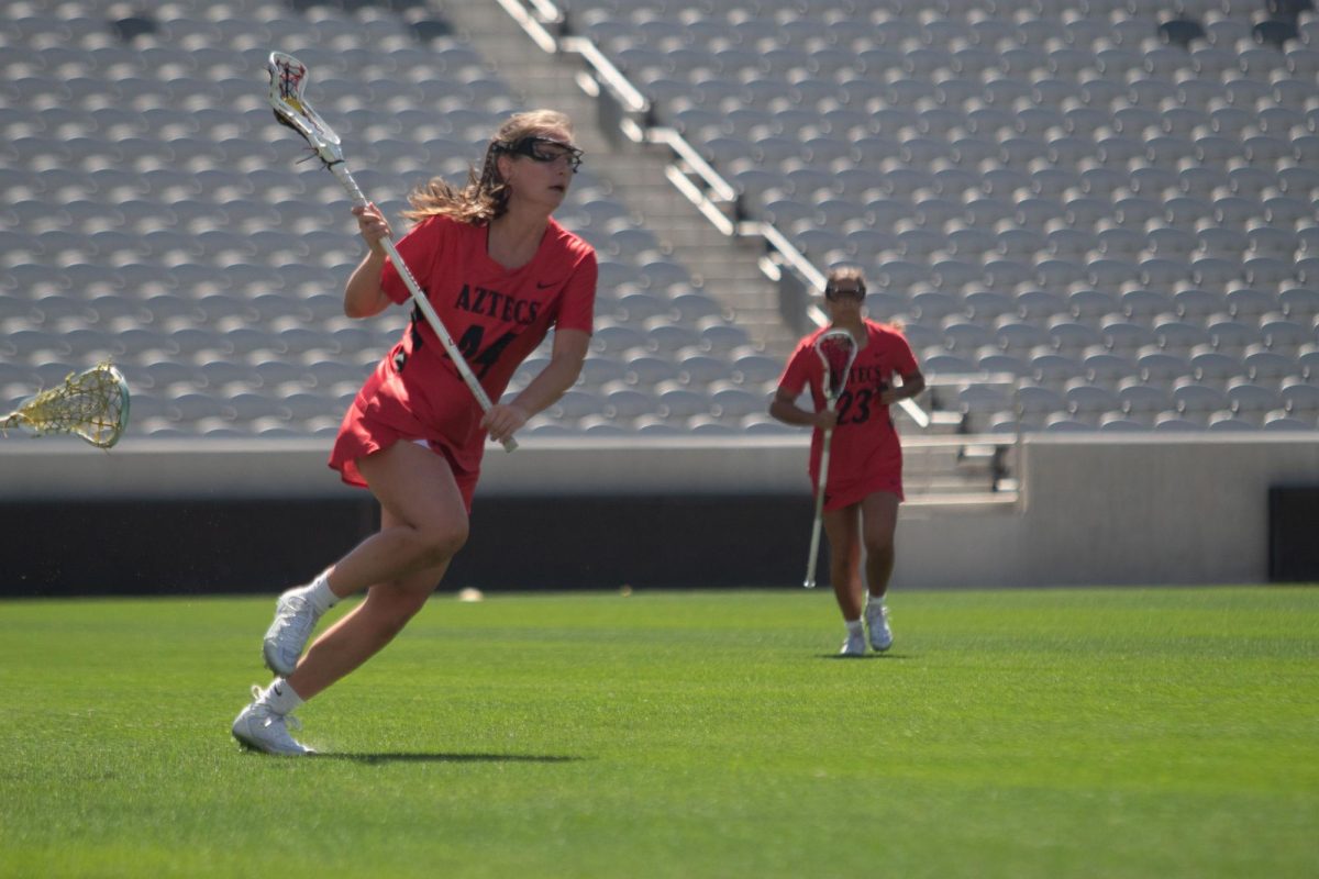 San Diego State defender Reilly Hunter looks up-field during a game last season at Snapdragon Stadium on March 17, 2024