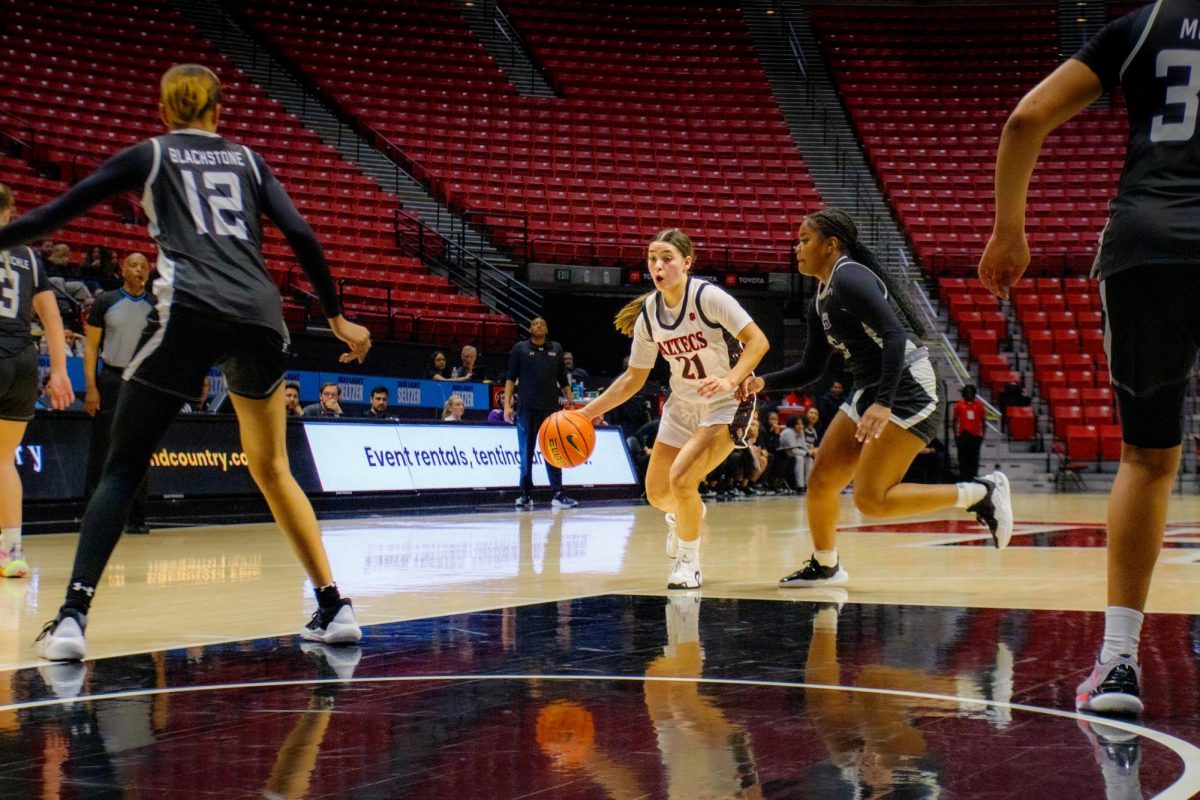 San Diego State guard Nat Martinez drives the ball up the court earlier this season against Stephen F. Austin at Viejas Arena. 