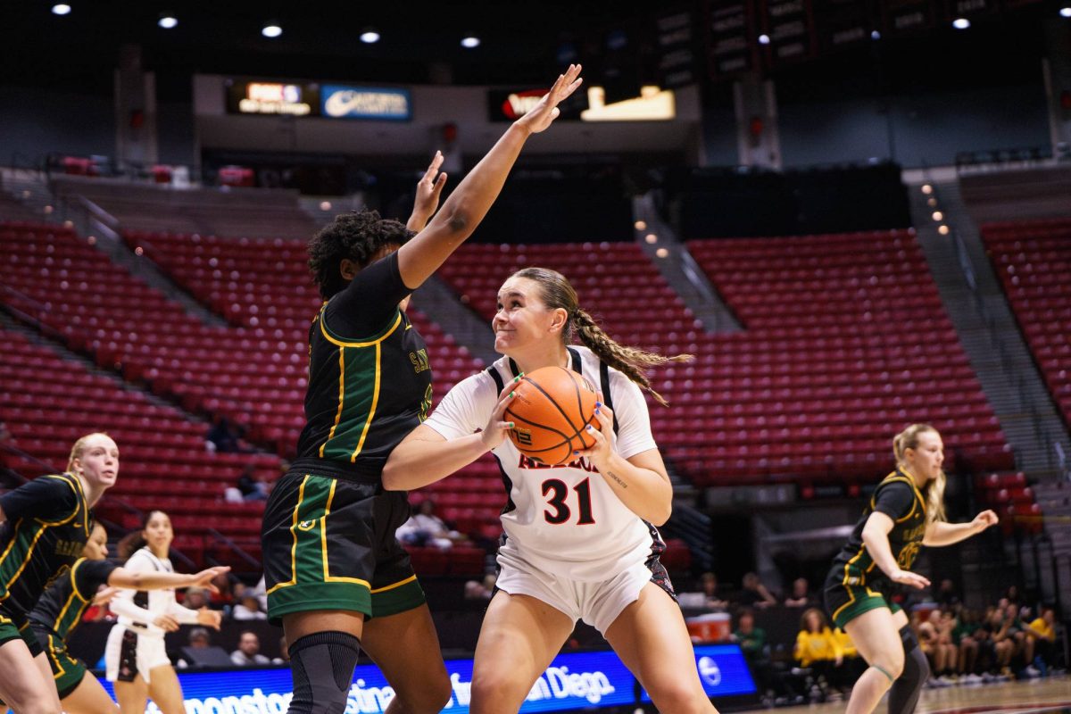 Cali Clark fakes a shot and waits to make her move against University of San Francisco at Viejas Arena on Nov. 16, 2024. Clark scored a career high 18 points in the 78-71 loss to Wyoming. 