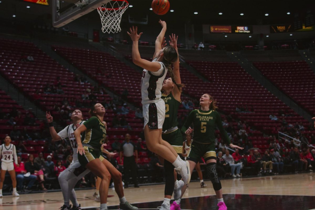 Freshman guard Natalia Martinez #21 takes her shot against a tough Colorado State defense at Viejas Arena on January 15, 2025.