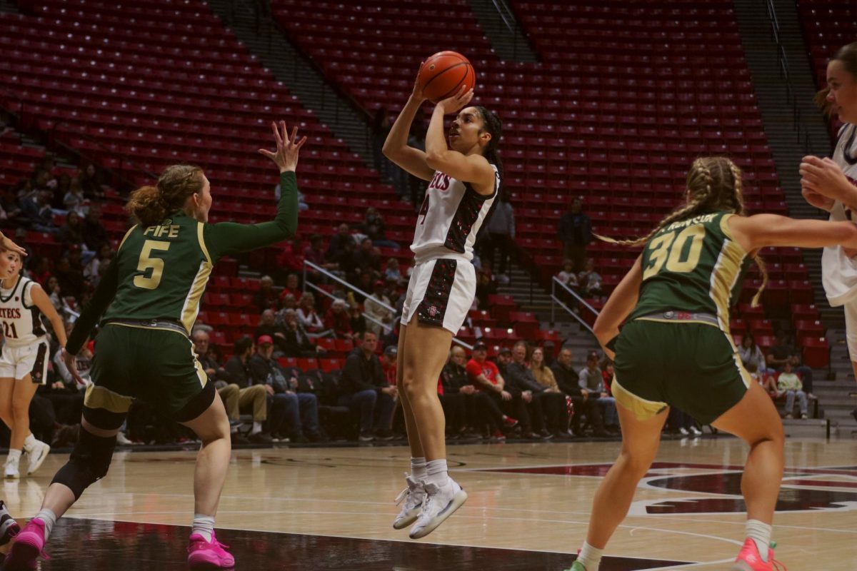 San Diego State junior guard Veronica Sheffy shoots a two-pointer over the head of Colorado State’s tough defense leading San Diego State with a game-high 15 points at Viejas Arena on January 15, 2025.
