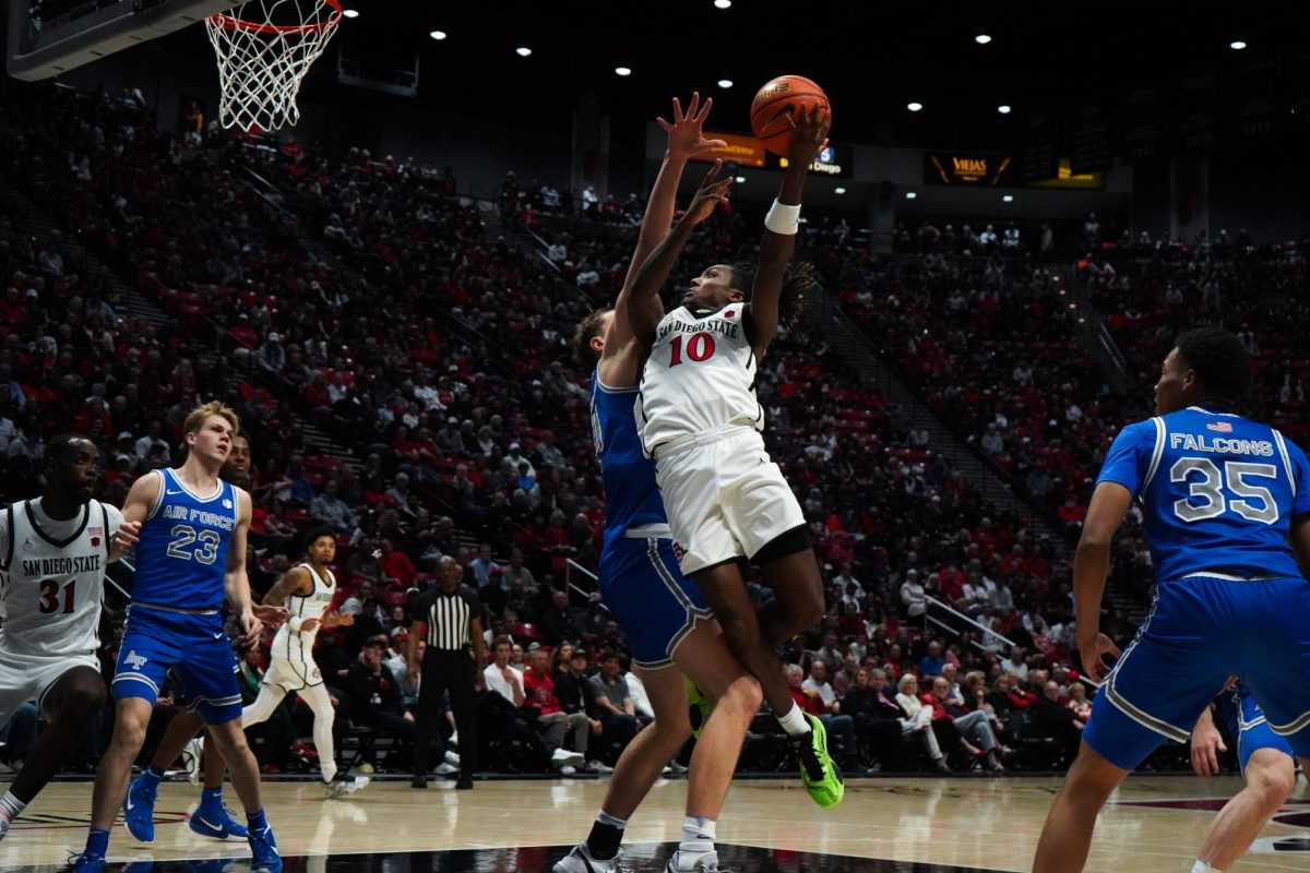 Sophomore guard BJ Davis attacks the defense against Air Force on January 8, 2025, at Viejas Arena. 