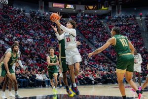 San Diego State sophomore guard Miles Byrd goes up for a layup against Mountain West Opponent Colorado State in Viejas Arena on January 14, 2025. Byrd contributed 23 points and seven steals in the 75-60 victory over the Rams. 
