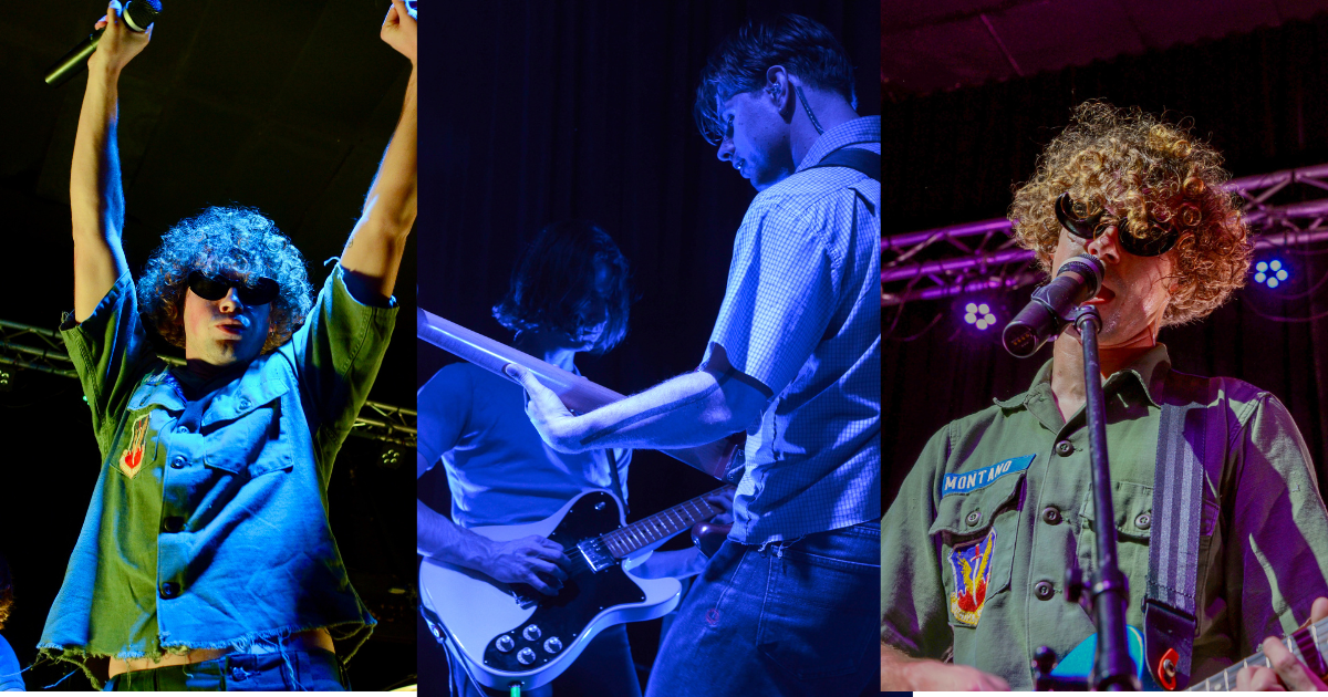 A collage of photos from almost monday’s concert at SOMA on Feb. 19, 2025. Lead singer Dawson Daugherty (left photo), bassist Luke Fabry and guitarist Cole Clisby (middle photo) and Daugherty (right photo) dancing with the crowd mid-set.
