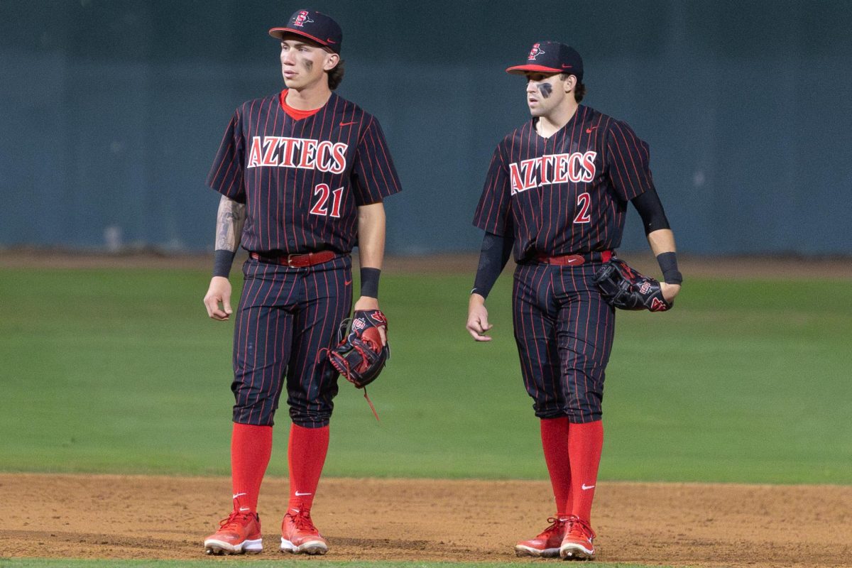 San Diego State third baseman Daniel 





Arambula (21), left, and shortstop Finley Bates (2) have a brief conversation 
during a new pitcher warm-up on Friday, Feb. 21, 2025, against Utah at the Tony Gwynn Stadium in San Diego, Calif. 