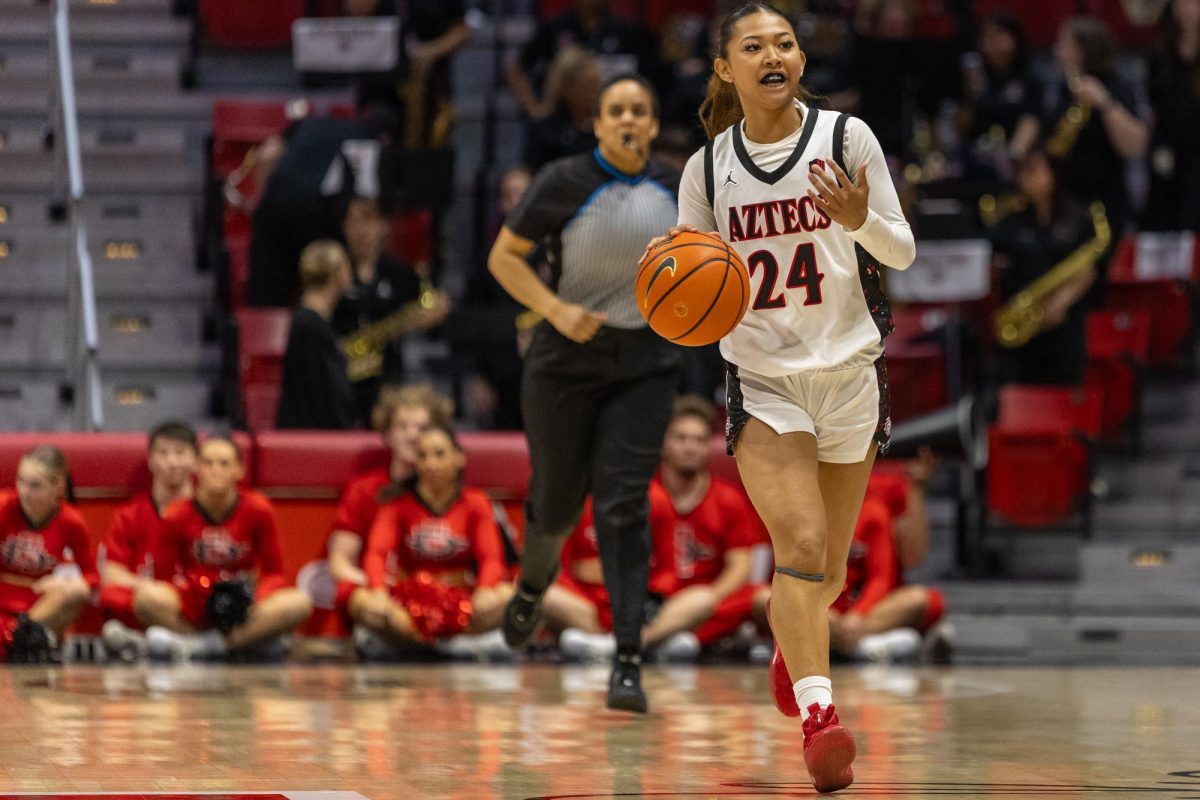 San Diego State guard Naomi Panganiban (24) calls out the play as she dribbles down the court against Fresno State on Tuesday, March 4, 2025, at Viejas Arena, San Diego. Panganiban has 11 points in this 75-61 win. 