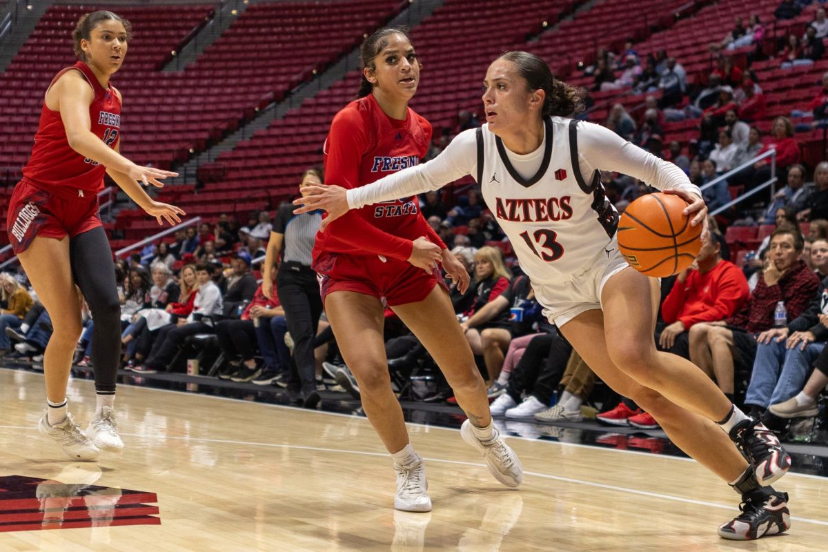 Meghan Fiso (13) de la Universidad Estatal de San Diego conduce por la línea de fondo contra la Universidad Estatal de Fresno el martes 4 de marzo de 2025, en el Viejas Arena de San Diego.