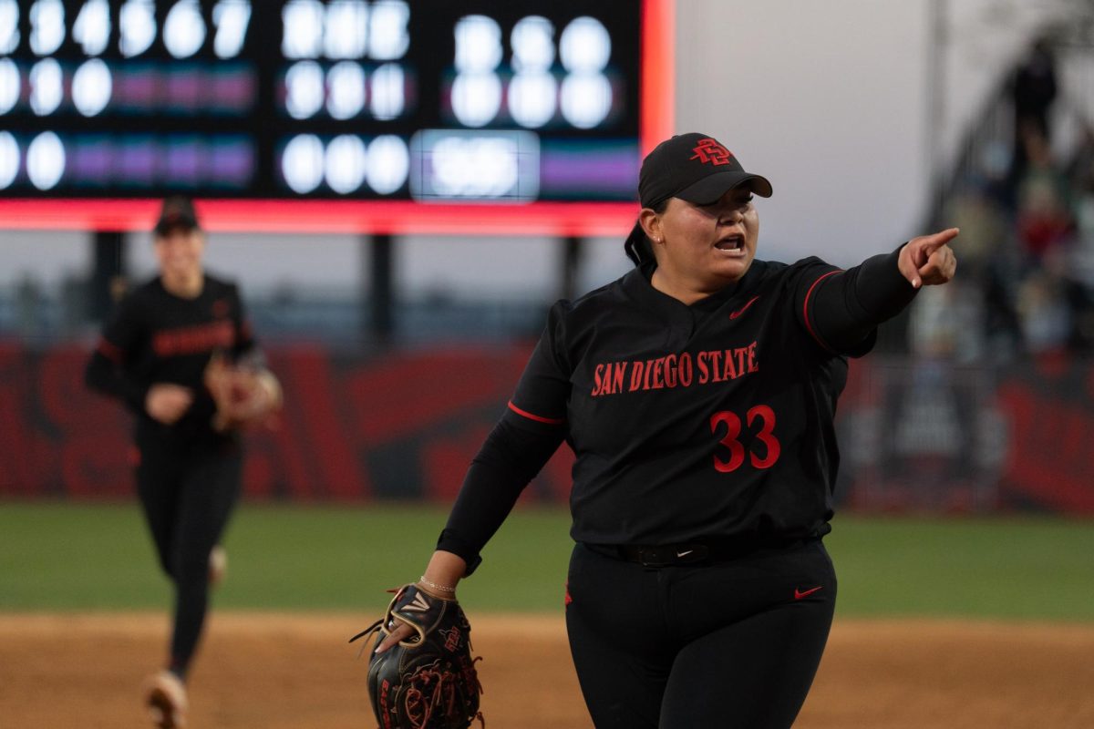 Senior pitcher Dee Dee Hernandez points to the crowd after pitching against the UCLA Bruins in a 5-0 loss on Mar. 9, 2025, at Aztec Softball Stadium