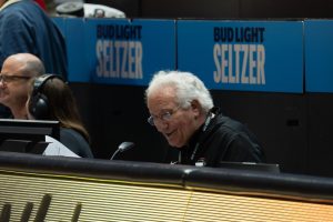 Veteran sports commentator Ted Leitner commentates a San Diego State men's basketball game against New Mexico at Viejas Arena on Tuesday, Feb. 25, 2025 