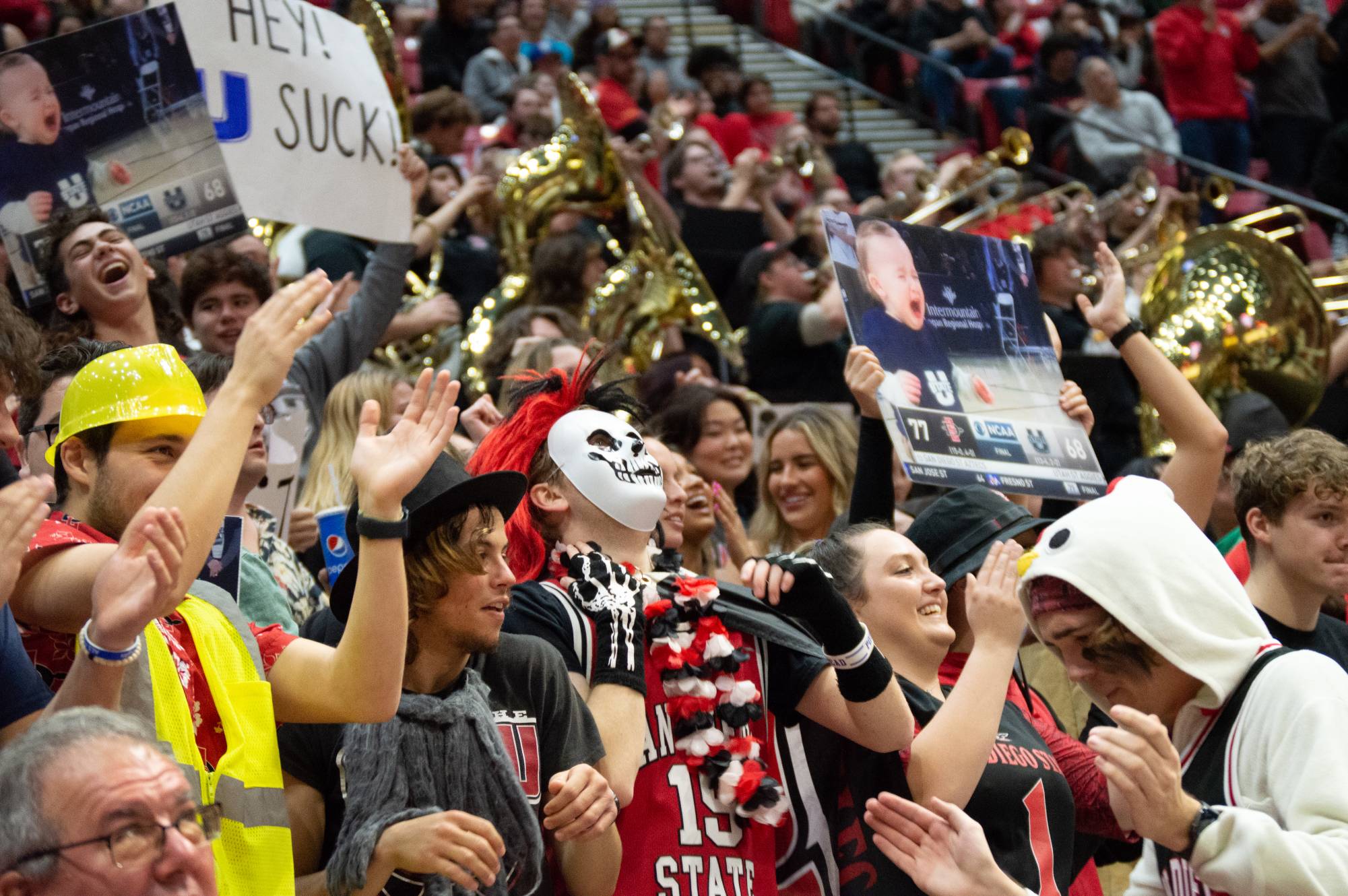 The student section gets excited at a game with the student skeleton front and center during a San Diego State men's basketball game vs. Utah State on Wednesday, Jan. 25, 2023.