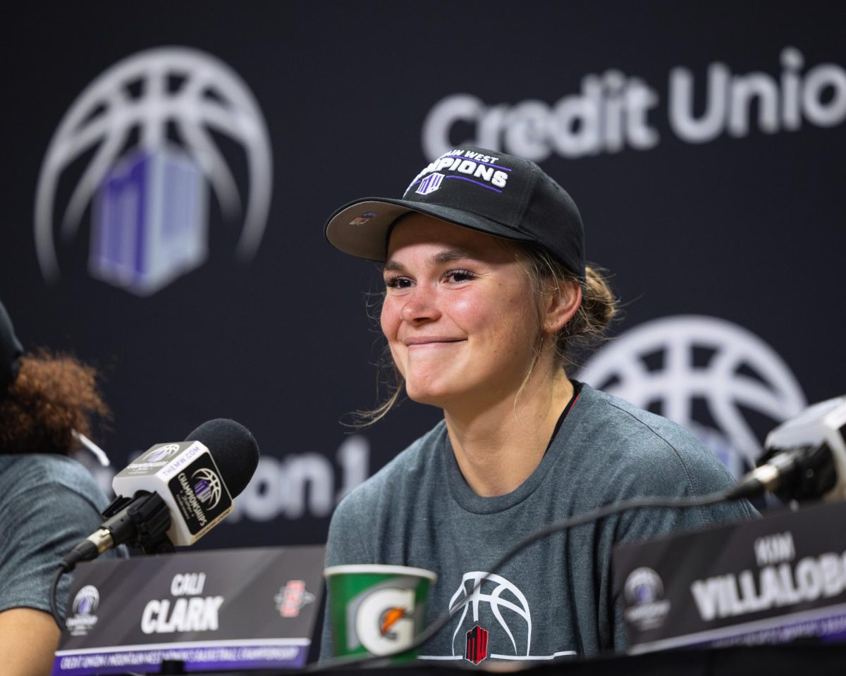 Forward Cali Clark during the post game press conference after winning the Mountain West Championship on Mar. 12, 2025 at the Thomas and Mack Center in Las Vegas, Nevada. 