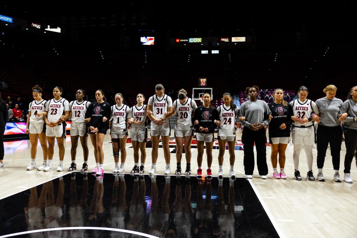 Women's basketball lines up for the national anthem before their home game on Nov. 25, 2024.