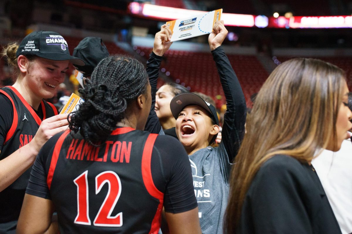 Naomi Panganiban, San Diego State guard, holds up a March Madness ticket after the Aztecs won the Mountain West Championship in Las Vegas against Wyoming in triple over time at the Thomas & Mack Center on March 12, 2025.