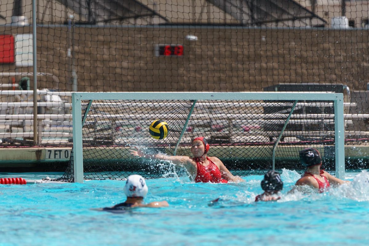 San Diego State goalkeeper Ava Ratajczak blocks the first shot of the game against Fresno State at the Aztec Aquaplex on March 29, 2025.